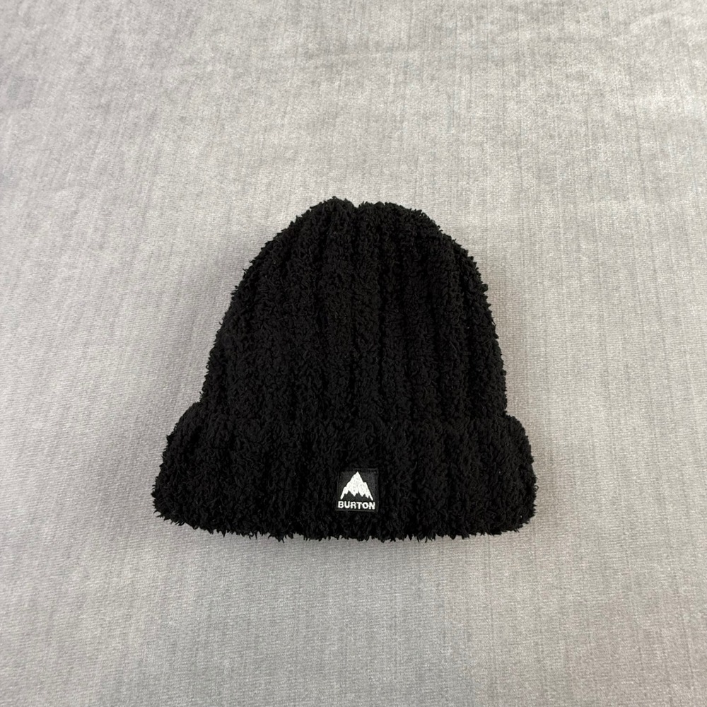 Burton Plush Beanie Black Fleece‎ Cuffed Winter Hat 23421 Mountain Logo Patch